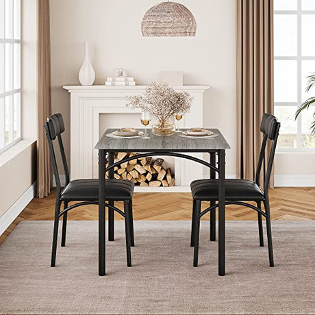Amyove Modern Rustic Gray Square Dining Set, 29.2' L x W 30.1' H Table, 33.7' 18.4' 17' Chairs, 2 Person, Metal & MDF, Easy Assembly, Space-Saving Amyove