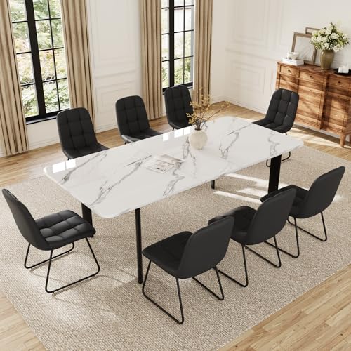 Extendable Dining Table Set for 6-8 People, 63 to 78.7 Inch MDF Kitchen Table with 8 Faux Leather Dining Chairs, Space-Saving for Dining Room, Breakfast Nook (White Table & 8 Black U-Shaped Chairs) HIPIHOM