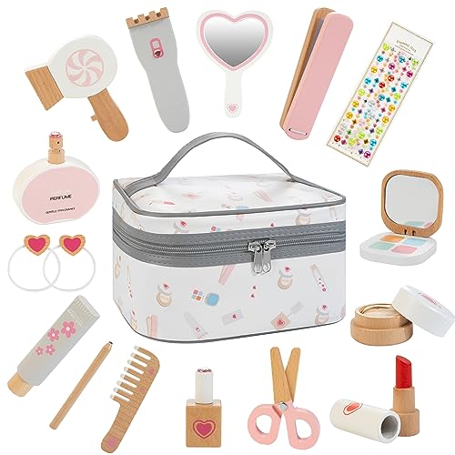 Amtreen Kids Makeup Kit for Girl, Pretend Play for Toddlers 3-5 Wooden Makeup Toy Set, 18 PCS Hair Salon Toys Gifts for 3 4 5 Year Old Amtreen