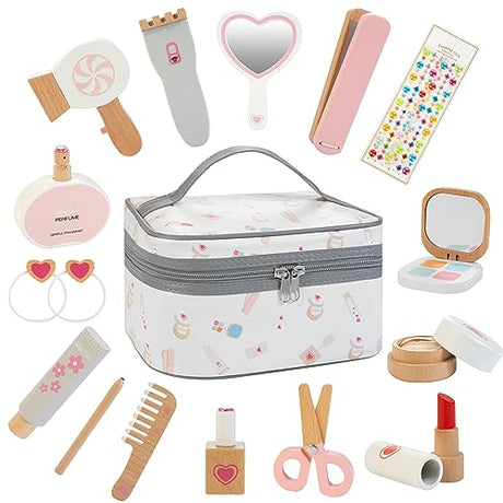Amtreen Kids Makeup Kit for Girl, Pretend Play for Toddlers 3-5 Wooden Makeup Toy Set, 18 PCS Hair Salon Toys Gifts for 3 4 5 Year Old Amtreen
