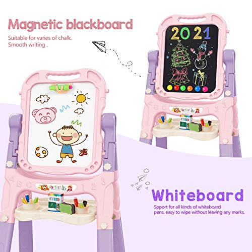 Mojitodon Art Easel for Kids, Adjustable Standing Rotatable Double Sided Easel with Painting Accessories for Toddlers Boys and Girls-Pink Mojitodon