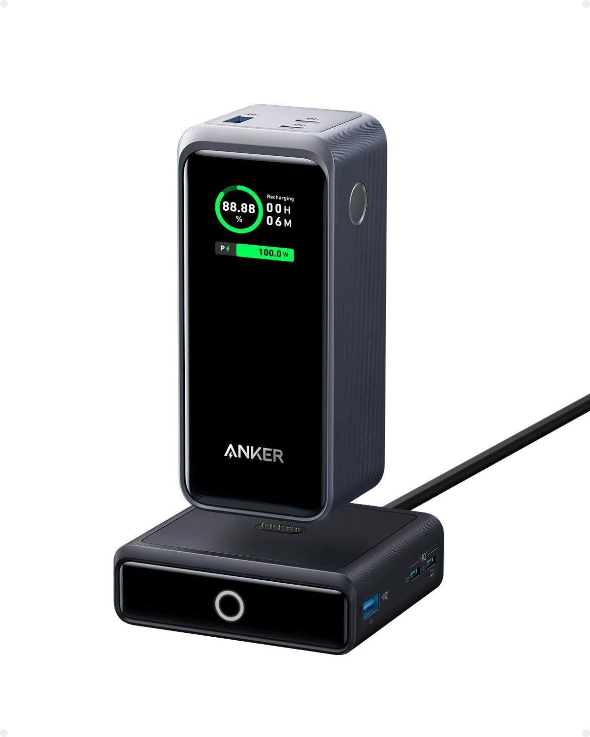 Anker Prime Power Bank 200W, 20,000mAh Portable Charger 3-Port with 100W Charging Base, Smart Digital Display, Compatible with iPhone 16/15/15 Plus/15 Pro/15 Pro Max/14 Series, MacBook, Samsu - WoodArtSupply