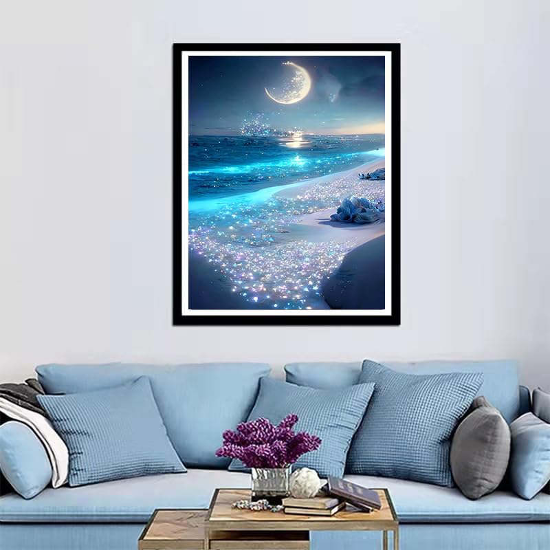 HSENJT Beach Diamond Art Painting by Number Kits,Seaside Night 5D Diamond DIY Painting for Adult,Moon Paint with Round Diamonds for Relaxation Home Wall Decor Gift(30x40cm/11.8X15.7inch) HSENJT