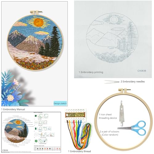 Zhenqing Mountain Sunrise Embroidery Kit - 29x29cm Printed Fabric, Hoop & Full Tools for Beginners(S-CX0636)