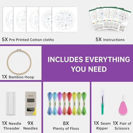 CYANFOUR 5 Stage Starter Embroidery Kit for Beginners Adults and Teens, Easy to Learn 33 Different Stitches from Video & Instruction, Needlepoint Kits for Adults CYANFOUR