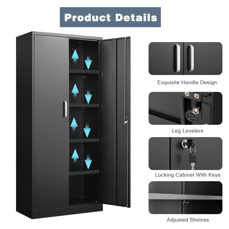 Approgreent Metal Storage Cabinet with Adjustable Shelves, Garage Cabinet with 2 Lockable Doors, Garage Storage Cabinet, Kitchen Pantry Cabinet - 71'H, Black Approgreent
