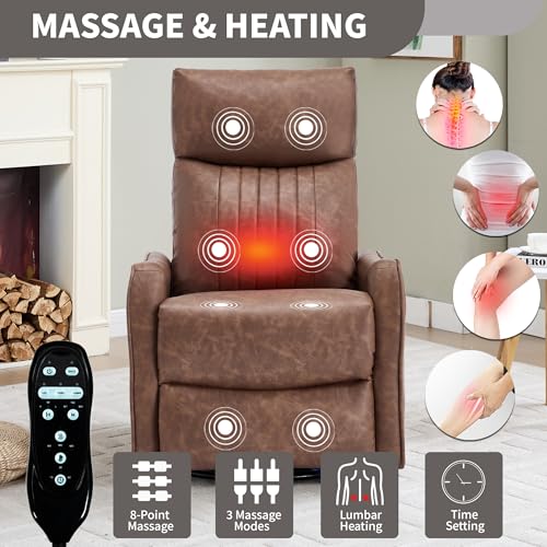 High Back Massage Recliner with Heat - Swivel Rocking Chair for Small Spaces, Manual Lazy Boy Recliner for Adults, Perfect for Living Room & Bedroom, Soft Fabric (Brown)