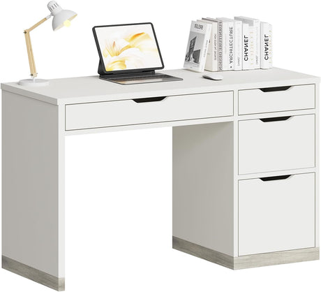 MaverickFurni White Computer Desk with Storage Drawers, Home Office Small Desk with File Cabinet, Study Desk for Kids with 4 Drawers, Modern Kids Desk for Bedroom, Small Space MaverickFurni