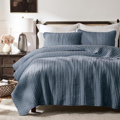 WDCOZY Blue Cross Stitch King Size Quilt Set, Striped Lightweight Soft Bedspread, Channel Farmhouse Rustic Coverlet, All Season Country Bedding, Thin Comforter WDCOZY
