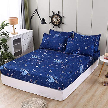 Kids Galaxy Fitted Sheet Boys Girls Outer Space Universe Planet Bed Sheet Set King Size for Children Bedroom Ultra Soft Space Rocket Starry Sky Bedding Set Blue Stars Bed Cover with 2 Pillow Case Feelyou