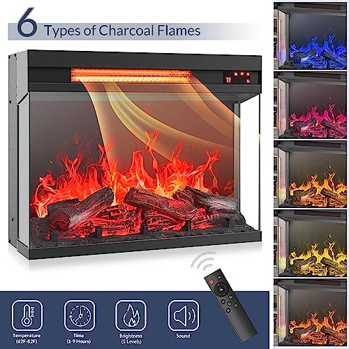BELLEZE 23" Electric Fireplace with Realistic Crackling Sound, 3-Side Glass Display Fireplace Heater, Adjustable Timer & LED Flame Lights, Freestanding Indoor Fireplace for Bedroom, Living Room BELLEZE