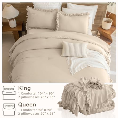 Masaca Ruffled Comforter Set Queen,3-Piece Farmhouse Shabby Boho Chic Bedding,Ultra Soft Linen Feel Textured Bed Comforter Set (1 Ruffle Comforter+2 Pillow Shams) Masaca