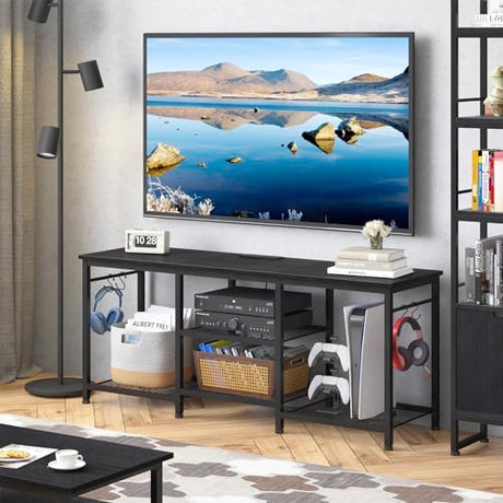 YGEOMER TV Stand for 55 Inch TV, Entertainment Center with Power Outlet and Open Storage Shelves, TV Console Table for Living Room and Bedroom, Black YGEOMER