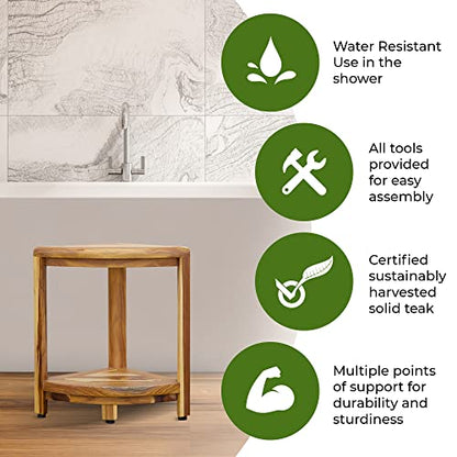 EcoDecors SnazzyCorner 17-Inch Teak Corner Shower Stool with Adjustable Feet and Shelf - WoodArtSupply