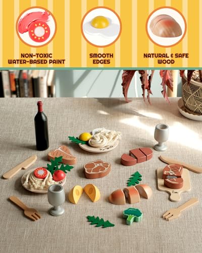 RRIBOUDWAN Wooden Play Food Toys, Food Pretend Playset Include Four Kinds of Steak, Pasta, Red Wine, Wine Glass, Vegetable Salad, Steak Dinner Game for 3+ Years Old Children RRIBOUDWAN