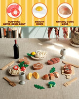 RRIBOUDWAN Wooden Play Food Toys, Food Pretend Playset Include Four Kinds of Steak, Pasta, Red Wine, Wine Glass, Vegetable Salad, Steak Dinner Game for 3+ Years Old Children RRIBOUDWAN