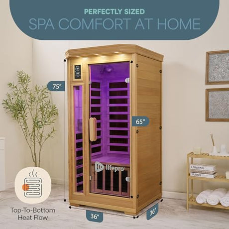 LifePro RejuvaCure 1 Person Far Infrared Sauna for Home - Tempered Glass Door, Oxygen Ionizer, & 7 Chromotherapy Lights for Indoor Sauna - Canadian Hemlock Wood Dry Sauna with Bluetooth Sound System LifePro