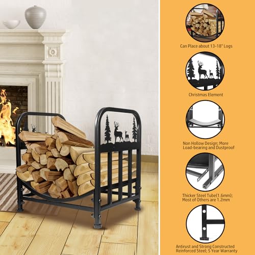 Firewood Rack Outdoor-Heavy Duty Indoor Wood Storage Black Powder Coated Steel Log Rack Wood Holder for Fireplace,Patio, Wood Pile Storage Stacker Organizer with Christmas Elements