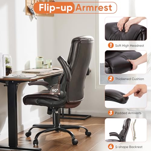Sweetcrispy Computer Gaming Chair, Ergonomic High Back Heavy Duty Task Desk Office Chairs with Wheels, Flip-up Arms, Adjustable Height, PU Leather,Dark Brown Sweetcrispy