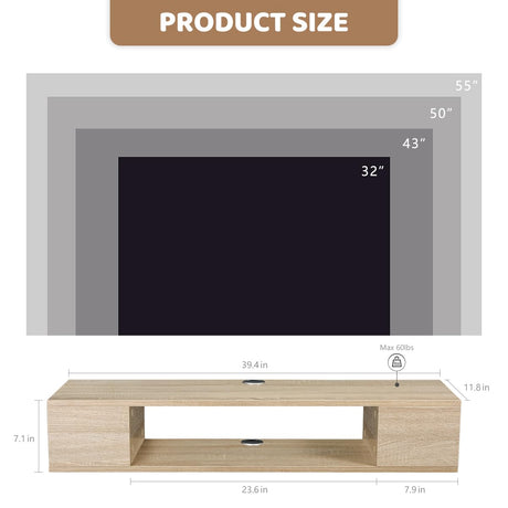 GHC Floating TV Stand, Wall Mounted Entertainment Center and Cabinet Shelf, TV Console with Storage, Media Console for DVD Player, Space-Saving Under TV Shelf for Living Room (Natural Oak) GHC