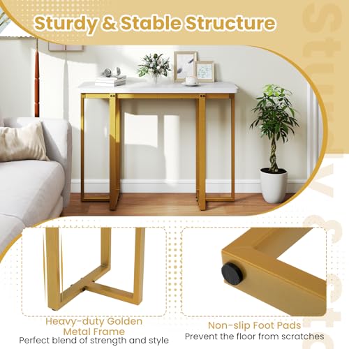 BECOMFORT 42” Gold Console Table, Behind Couch Sofa Table with with Faux Marble Top & Golden Coated Metal Frame, Narrow Hallway Table, Modern Entryway Table for Living Room, Foyer, Porch (White) BECOMFORT