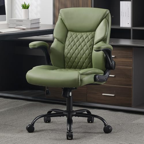 JOYNET Home Office Chair with Lumbar Support, Thickened Seat, Small PU Leather Desk Chair Swivel Rocking, Comfy Computer Chairs with Rolling Wheels & Flip up Armrests, Executive Chair |Green JOYNET