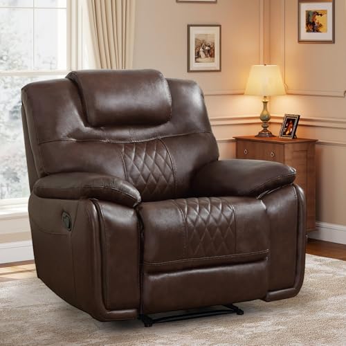 ANJ Genuine Leather Recliner Chair, Manual Reclining Chair with Ergonomic Design, Oversized Single Sofa Recliner with Soft Armrest and Flexible Footrest for Living Room,Red Brown