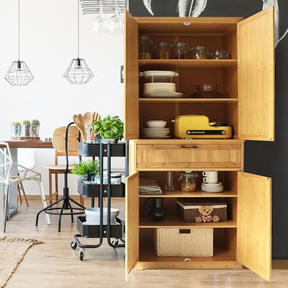 VEIKOU Kitchen Pantry Cabinet Bamboo, 72" Freestanding Kitchen Storage Cabinets with Large Drawer, Tall Enclosed Cupboard with Adjustable Shelves, Natural Color - WoodArtSupply