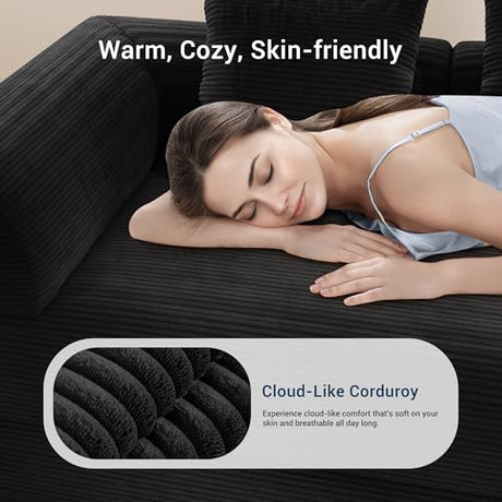 Cloud Boneless Convertible Sofa Bed, 4-in-1 Foldable Compressed High-Density Sponge Sofa, 70" Corduroy Fabric 3 Seater Sleeper Couch Futon Daybed for Living Room Bedroom (Black) Living&Giving