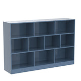 IOTXY Open Shelf Low Bookcase - Wooden 3-Tier Floor Standing Display Cabinet Organizer with Base, 10 Cubes Short Horizontal Bookshelf in Bright Blue IOTXY