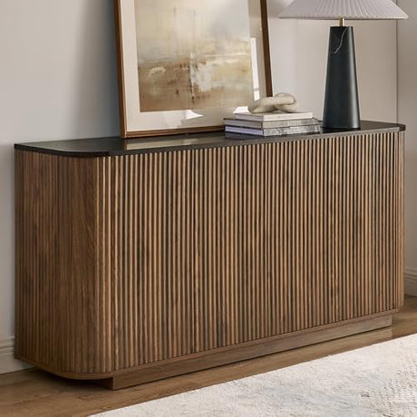 SZTHHDF 64" Sideboard Buffet Cabinet with Storage, Modern Fluted Credenza with Adjustable Shelves, Wood Faux Marble-Top Coffee Bar Console Table for Living Room Kitchen Dining Room, 31.5" H, Walnut SZTHHDF