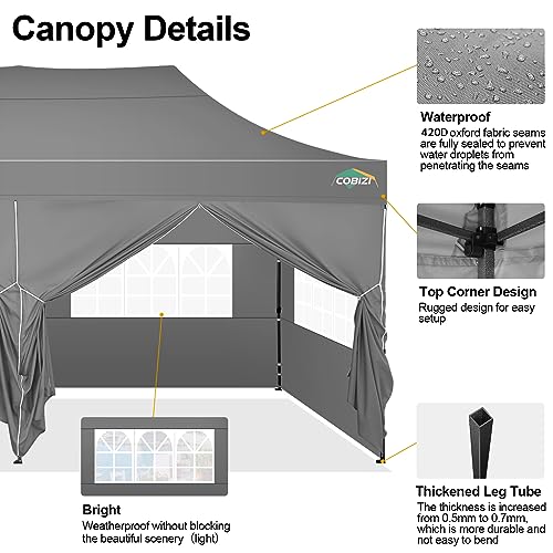COBIZI 10x20 Pop up Canopy Tent 10x20 Canopy with 6 Sidewalls Waterproof Heavy Duty Commercial Tent for Parties Outdoor Garden Gazebo, Carry Bag with Wheel(10x20ft, Gray) COBIZI