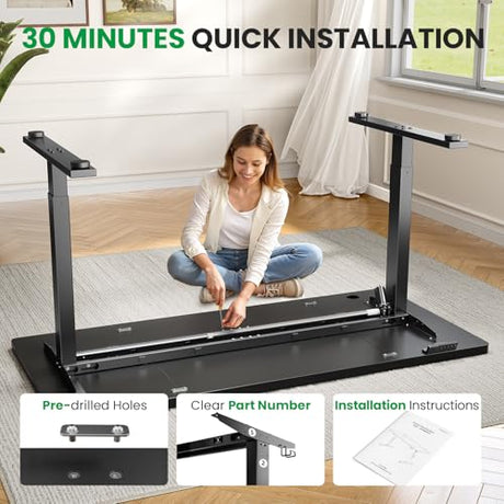 DeskShow Electric Standing Desk Adjustable - 60x28 Inch Sit Stand Desk with 1 Inch Thick Tabletop, Double Beam Frame, 3 Memory Height Adjustment, Cable Management for Home Office DeskShow