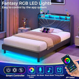 Rolanstar Twin Size Bed Frame, Storage Headboard with Charging Station and LED Lights, Upholstered Bed with Heavy Duty Wood Slats, No Box Spring Needed, Noise Free, Easy Assembly, Black Rolanstar