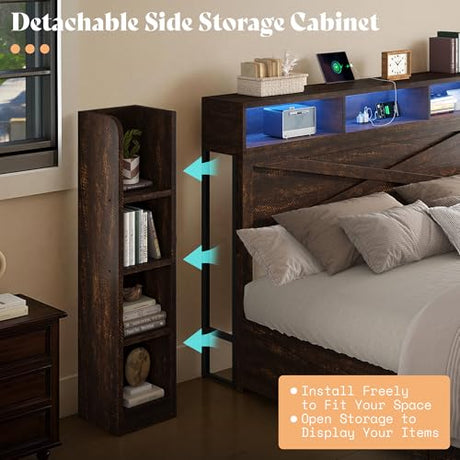 AMERLIFE 45'' Farmhouse King Bed Frame with 4 Drawers, LED Bed Frame with Bookcase Headboard & Side Shelves, Wood Platform Bed with Charging Station, Walnut AMERLIFE