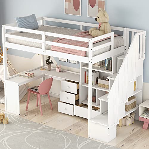 Merax Twin Size Wood Loft Bed with L-Shaped Desk, Storage Staircase and Drawers in White - WoodArtSupply