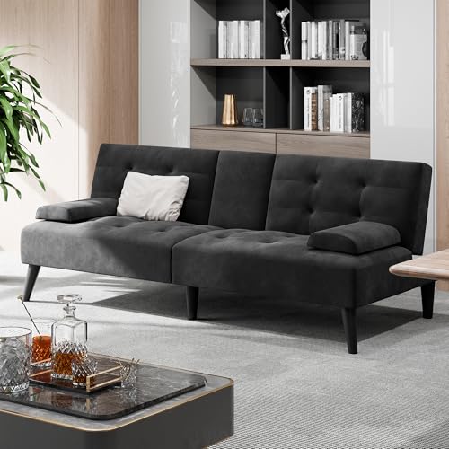Shintenchi Futon Sofa Bed, Velvet Foldable Couch, Reclining Sleeper with Removable Armrests, Upholstered Loveseat Sofa Couch with Folding Cup Holders for Home, Office(Black) Shintenchi