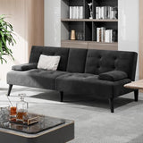 Shintenchi Futon Sofa Bed, Velvet Foldable Couch Reclining Sleeper w/Removable Armrests, Upholstered Loveseat w/Folding Cup Holders for Home, Office, Black Shintenchi