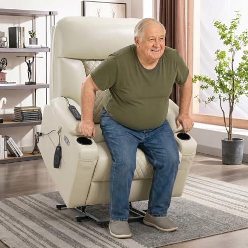 EONIX Power Lift Recliner Chair for Elderly with Heat and Massage, 400lbs Heavy Duty Electric Recliner Chairs for Adults with Cup Holders and USB Charging Ports, SLRY019020, Cream White