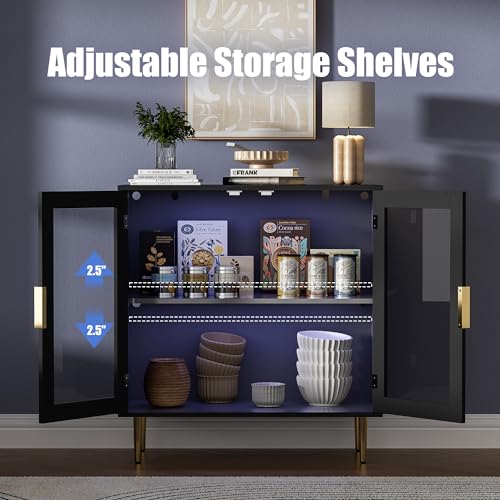 Housoul Sideboard Buffet Cabinet with 4 Doors, Modern Sideboard Cabinet with LED Lights, Bar Cabine with Adjustable Shelf, Coffee Bar Storage Cabinet with Golden Handles for Kitchen, Black Housoul