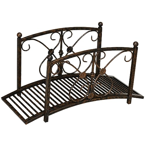 Outsunny 3.3FT Metal Arch Zen Garden Bridge with Safety Siderails, Decorative Footbridge, Delicate Floral Scrollwork for Stream, Fish Pond, Brown Outsunny