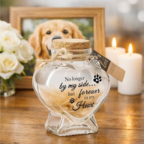 BluBrk Pet Fur Keepsake Jar-Pet Memorial Gift for Loss of Dog or Cat, Heart-Shaped Glass Pet Hair Keepsake Bottle, Dog Fur Keepsake & Cat Fur Keepsake, Printed Quote Forever in My Heart” BluBrk