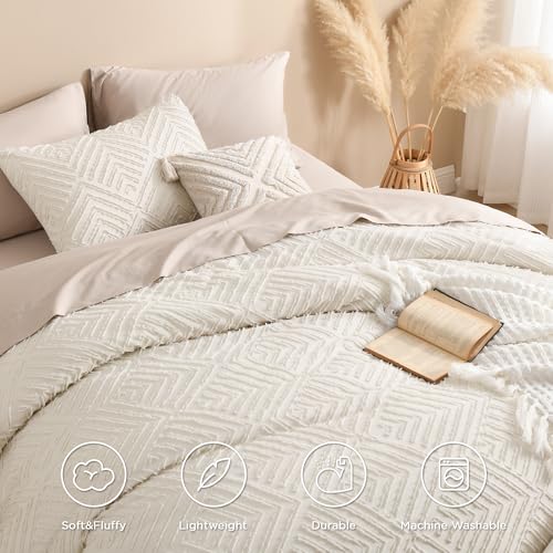 Andency King Size Comforter Set Beige, 3 Pieces Boho King Bedding Comforter Set Cream, All Season Soft Lightweight Tufted Textured Down Alternative Comforter Fluffy Bed Set Andency