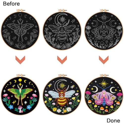 Nuberlic 3 Pack Embroidery Kit for Adults Beginners, Stamped Cross Stitch Moth and Bee Patterns with Hoop, Thread, Needles & Step-by-Step Guide Easy DIY Starter Kit
