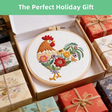 Herdiese Beginner Embroidery Kit for Adults – Rooster & Flower Pattern with Hoop, Cotton Threads, Needles, Scissors & Video Tutorials – Complete Craft Set for Beginners, Creative Gift Idea