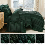 WONGS BEDDING Emerald Green Comforter Set King Size,7 Pieces Ruffle Comforter Set with Sheets,Boho Farmhouse Textured Bed in a Bag 104"×90" WONGS BEDDING