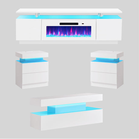AMERLIFE 5 Piece Modern Living Room Table Set, Includes 70" Fireplace TV Stand, 2-Tier Coffee Table, 2 X Side Tables with Charging Station, LED Media Furniture, White AMERLIFE