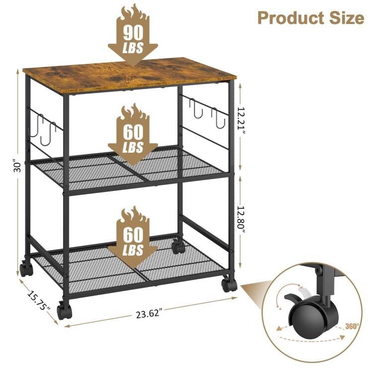 ThreeHio Rolling Kitchen Microwave Cart, 3 Tier Microwave Table Stand with Storage, Kitchen Utility Cart on Lockable Wheels, Small Coffee Cart Shelf Rack Organizer for Living Room Office, Balcony ThreeHio
