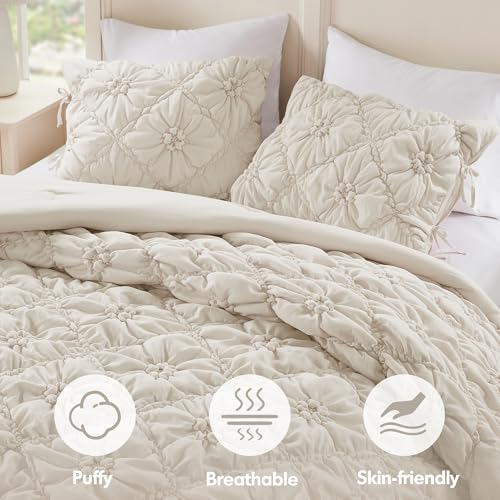 Intelligent Design King Comforter Set – Ivory Lily Puffy Floral Shabby Chic Boho Bedding Comforter Set, Pinch Pleat Bedding Sets, Ultra-Soft, Lightweight & All-Season, King/Cal K Intelligent Design