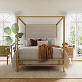 Merax Queen Size Gold Metal Canopy Bed Frame, 76.5" Tall Linen Upholstered Headboard, 4-Poster Bed with 800 lbs Capacity, Box Spring Required for Bedroom, Gold+Tan